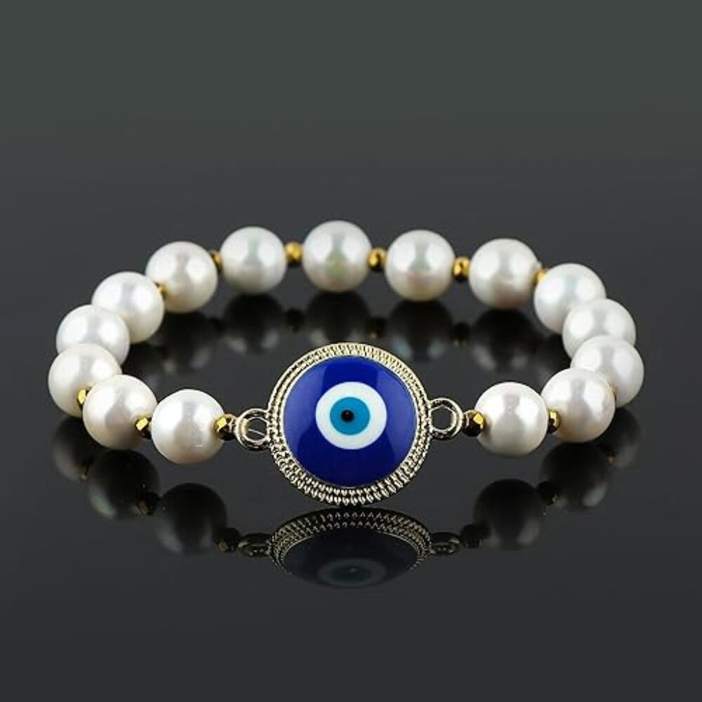 Handmade Evil Eye Bracelet – White Mother of Pearl Beads w/Gold-Plated Blue Eye